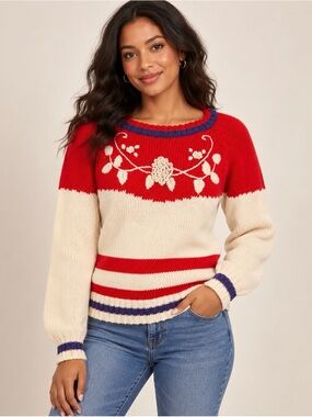 Vintage Red Cream Floral Embroidered Striped Knit Sweater M/L